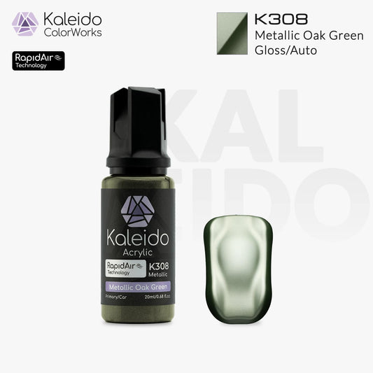 Bottle of Kaleido Colorworks RapidAir™ K308 Metallic Oak Green, 20 ml water-based airbrush paint in deep metallic green.