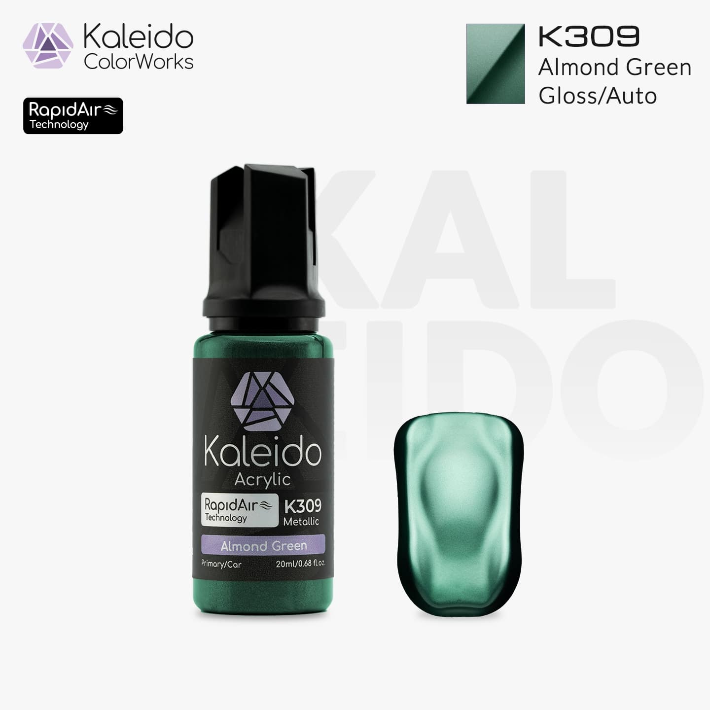 Bottle of Kaleido Colorworks RapidAir™ K309 Almond Green, 20 ml water-based airbrush paint in soft muted green