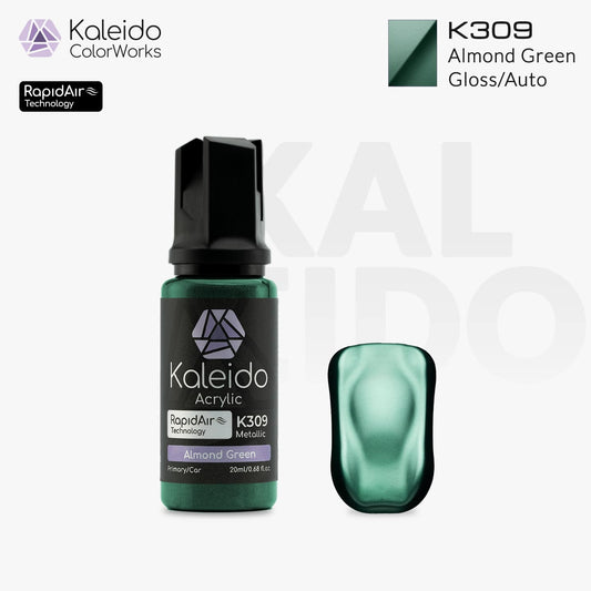 Bottle of Kaleido Colorworks RapidAir™ K309 Almond Green, 20 ml water-based airbrush paint in soft muted green