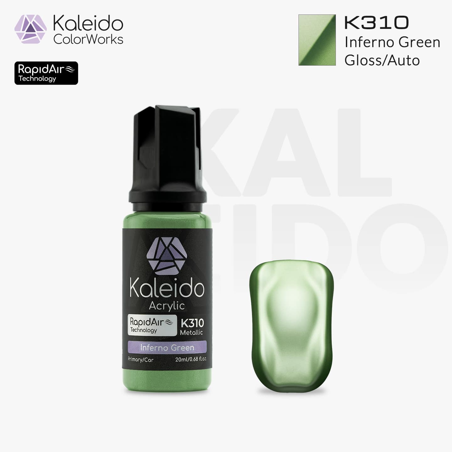Bottle of Kaleido Colorworks RapidAir™ K310 Inferno Green, 20 ml vibrant green water-based airbrush paint
