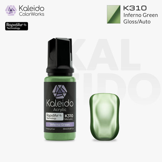 Bottle of Kaleido Colorworks RapidAir™ K310 Inferno Green, 20 ml vibrant green water-based airbrush paint
