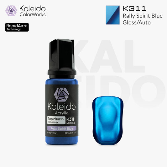 Bottle of Kaleido Colorworks RapidAir™ K311 Rally Spirit Blue, 20 ml water-based airbrush paint in vibrant blue
