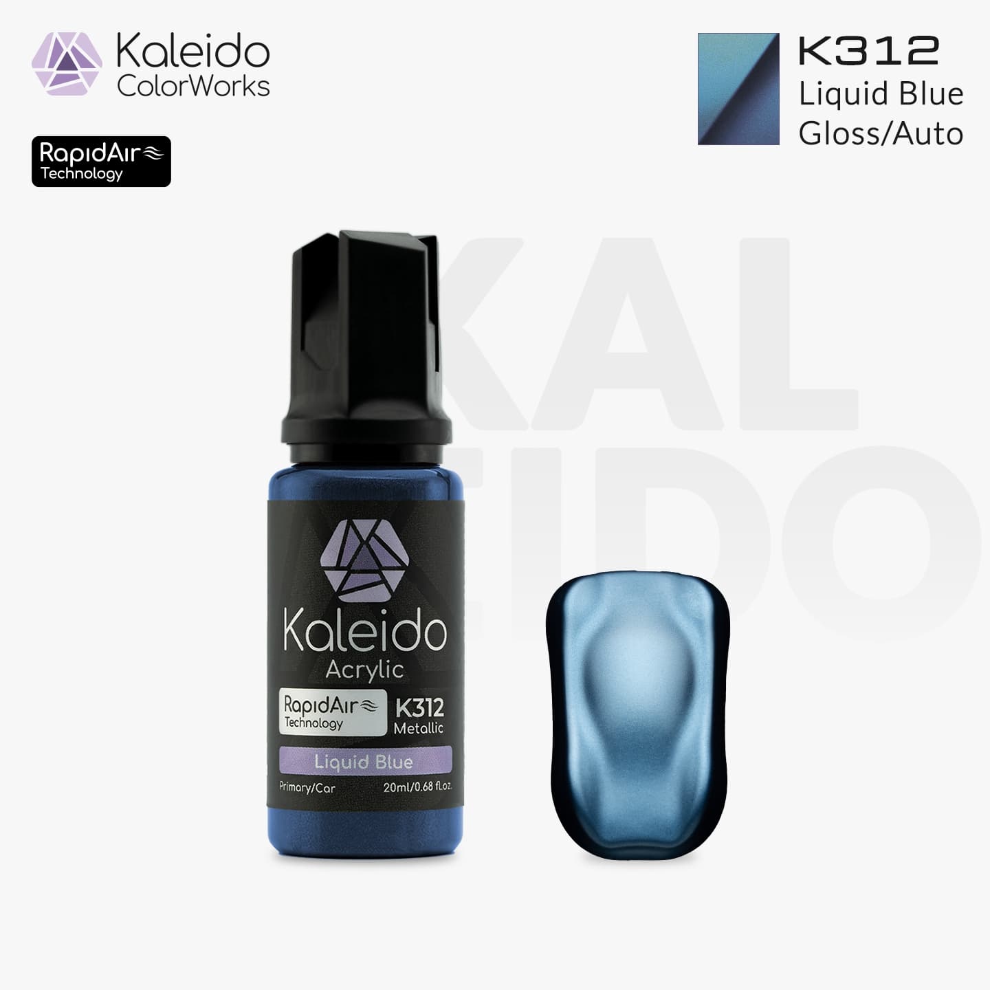 Bottle of Kaleido Colorworks RapidAir™ K312 Liquid Blue, 20 ml water-based airbrush paint in vivid liquid blue.