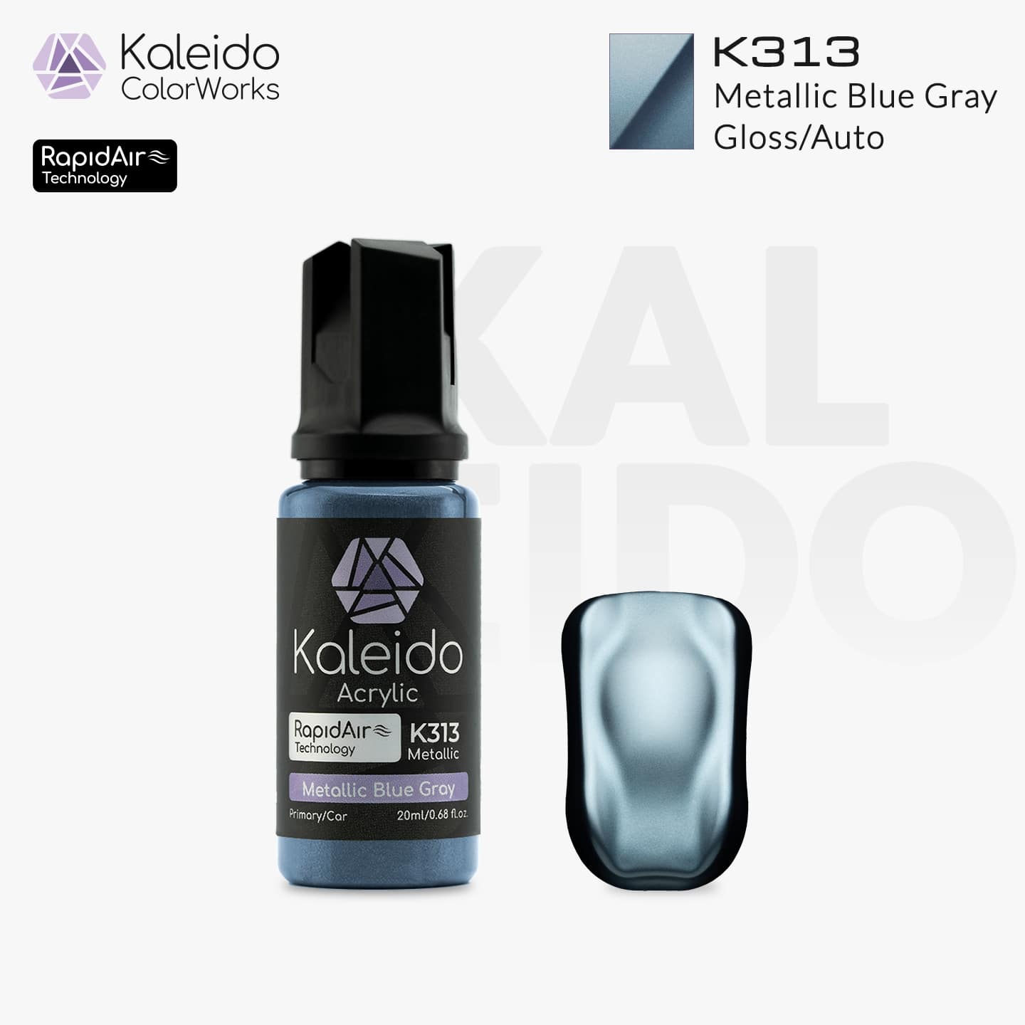 Bottle of Kaleido Colorworks RapidAir™ K313 Metallic Blue Gray, 20 ml water-based airbrush paint in shimmering blue-gray metallic.