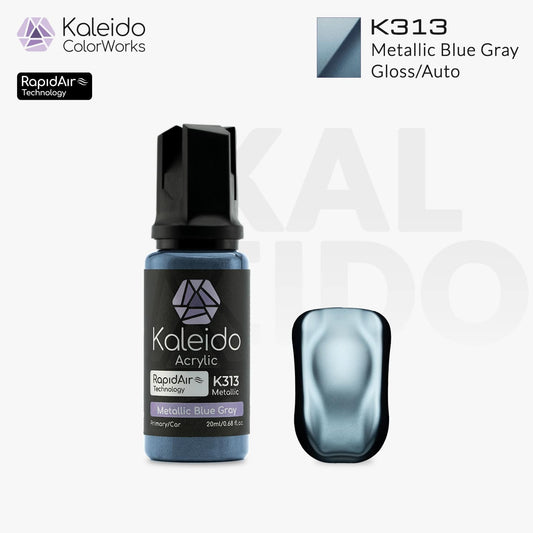 Bottle of Kaleido Colorworks RapidAir™ K313 Metallic Blue Gray, 20 ml water-based airbrush paint in shimmering blue-gray metallic.