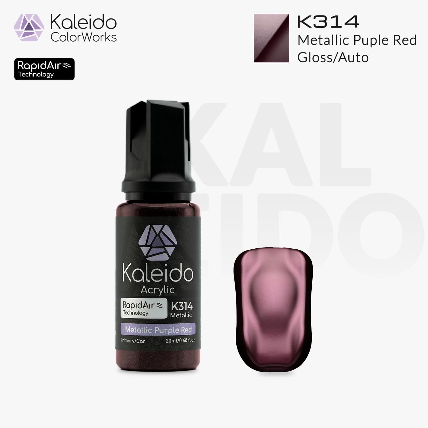 Bottle of Kaleido Colorworks RapidAir™ K314 Metallic Purple Red, 20 ml water-based airbrush paint in shimmering purple-red metallic
