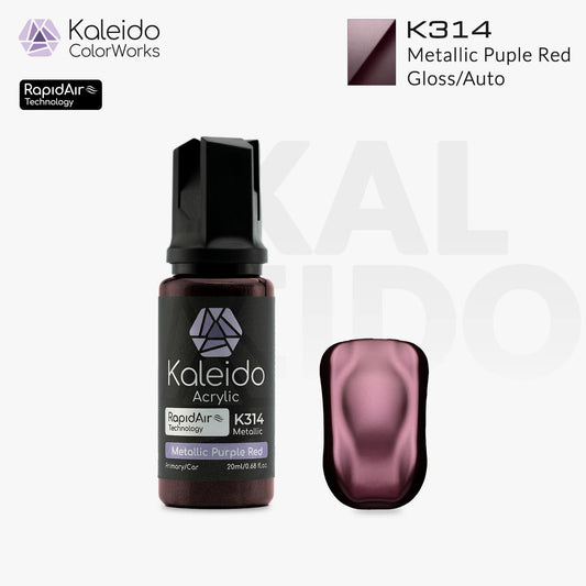 Bottle of Kaleido Colorworks RapidAir™ K314 Metallic Purple Red, 20 ml water-based airbrush paint in shimmering purple-red metallic