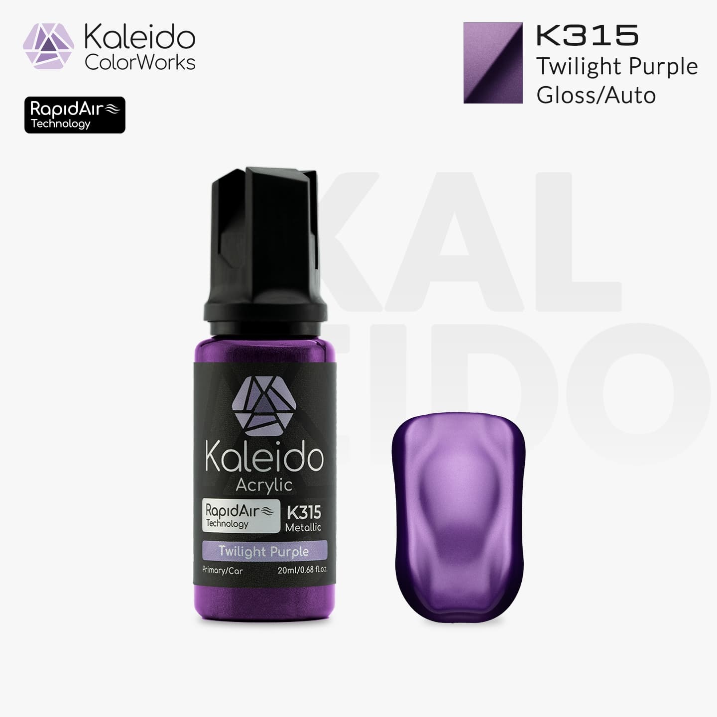 Bottle of Kaleido Colorworks RapidAir™ K315 Twilight Purple, 20 ml water-based airbrush paint in shimmering metallic purple.