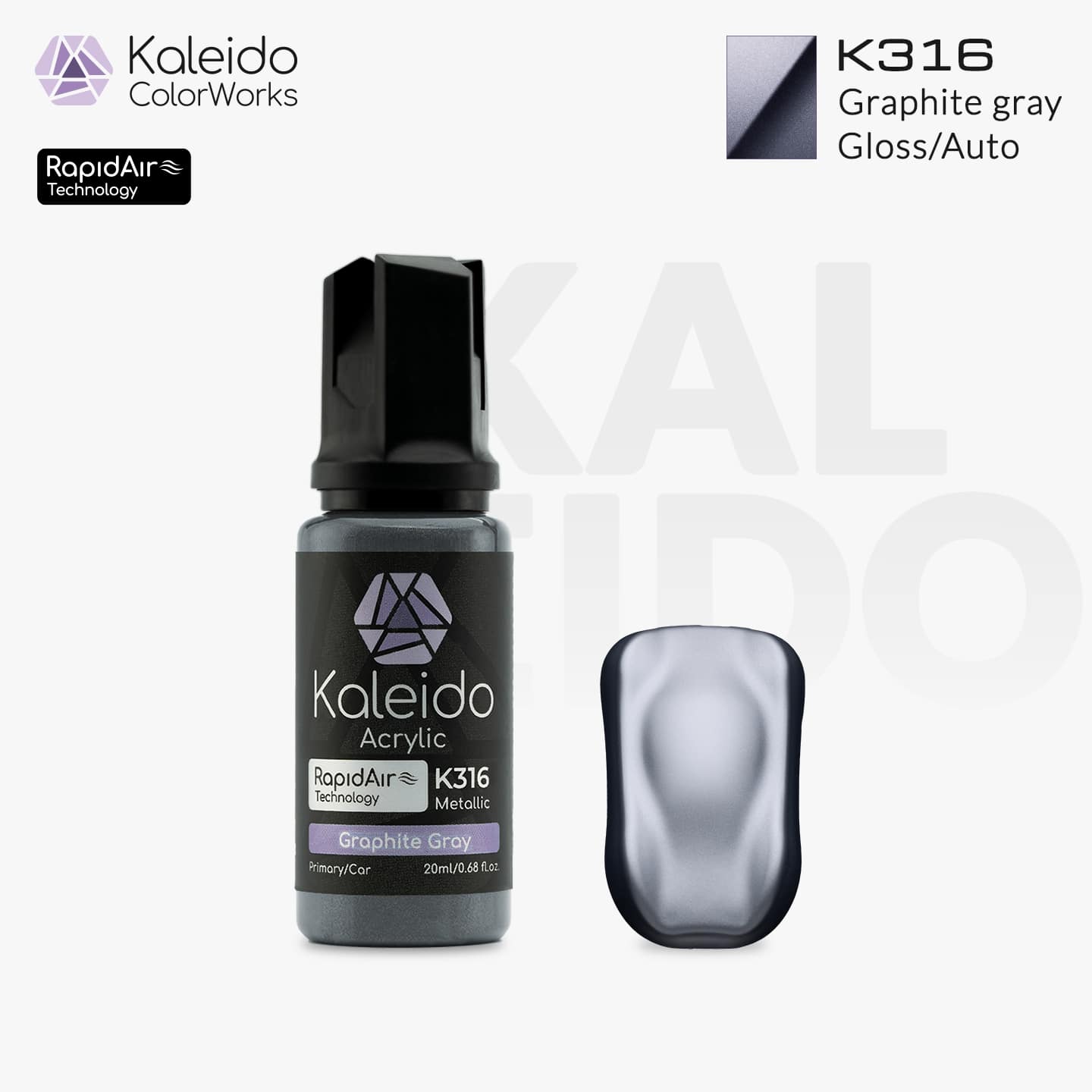 Bottle of Kaleido Colorworks RapidAir™ K316 Graphite Gray, 20 ml water-based airbrush paint in sleek metallic gray
