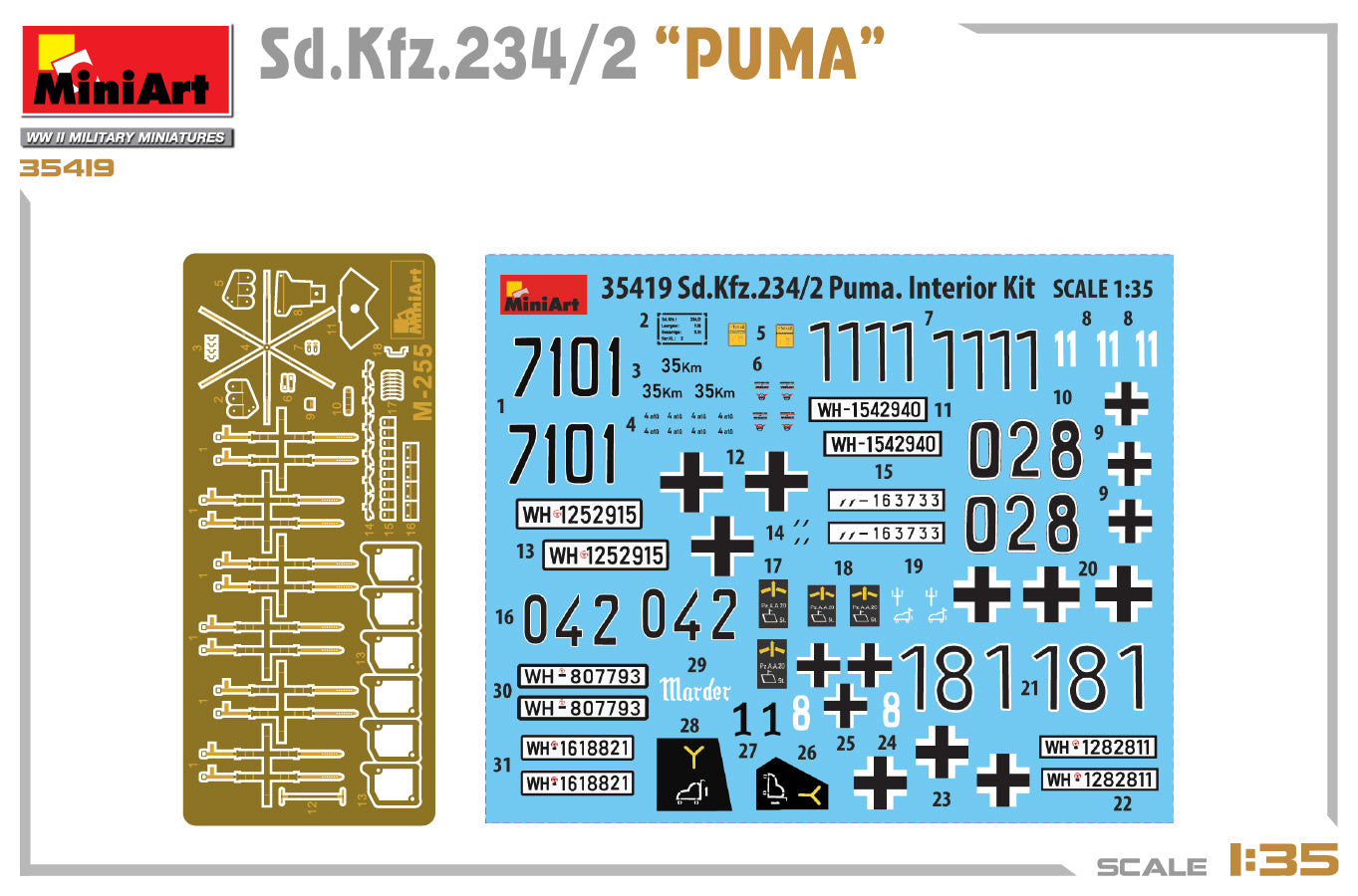 Miniart 1/35 Sd.Kfz.234/2 Puma decal sheet and photo-etch fret