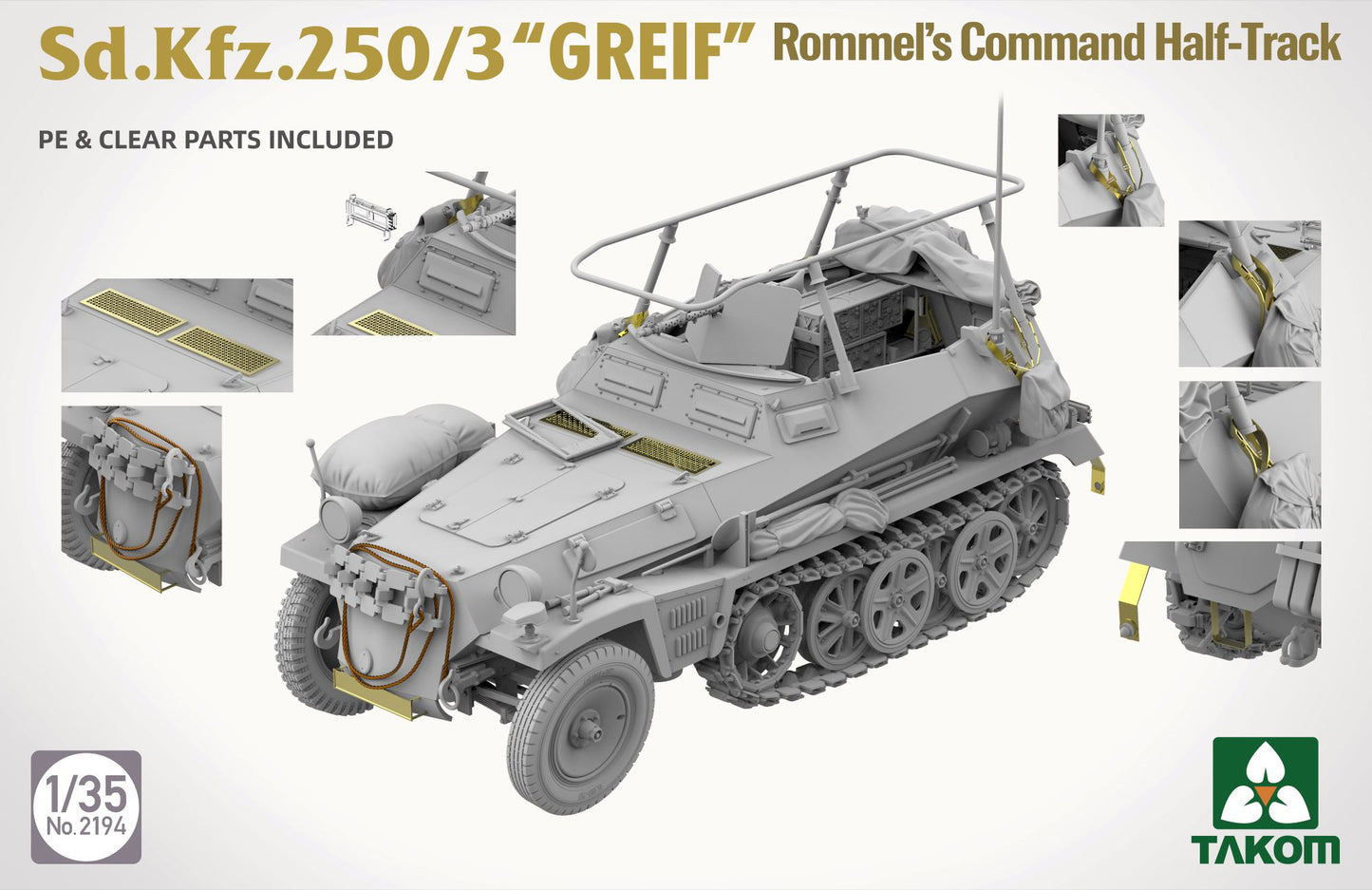 Takom 1/35 Sdkfz 250/3 "Greif" Rommels Command Half-Track showing phot-etch parts fitted to kit.