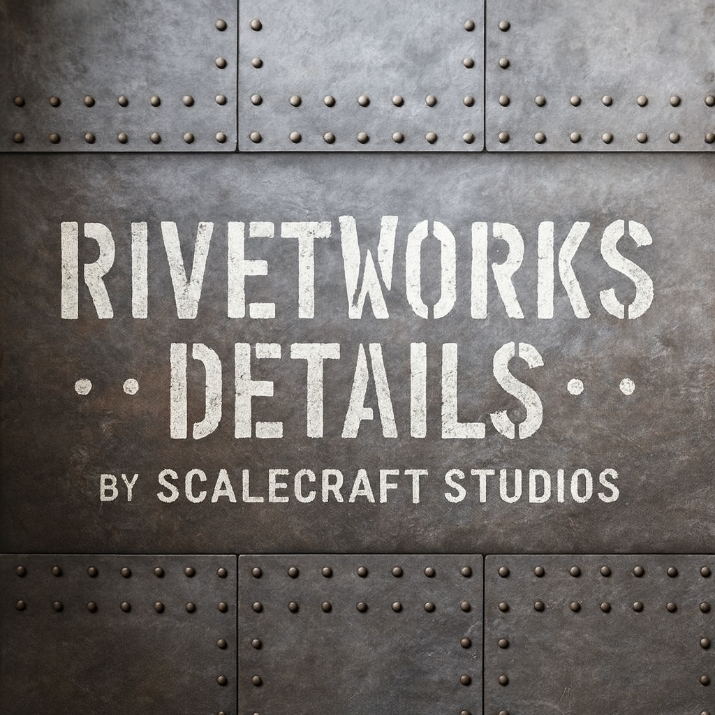 RivetWorks Details by ScaleCraft Studios displayed on a riveted aircraft metal panel background, symbolising premium 3D printed scale model upgrade parts and accessories