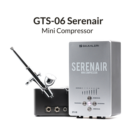 Gaahleri GTS-06 Serenair Mini Air Compressor with airbrush, hose, and two airbrush holders