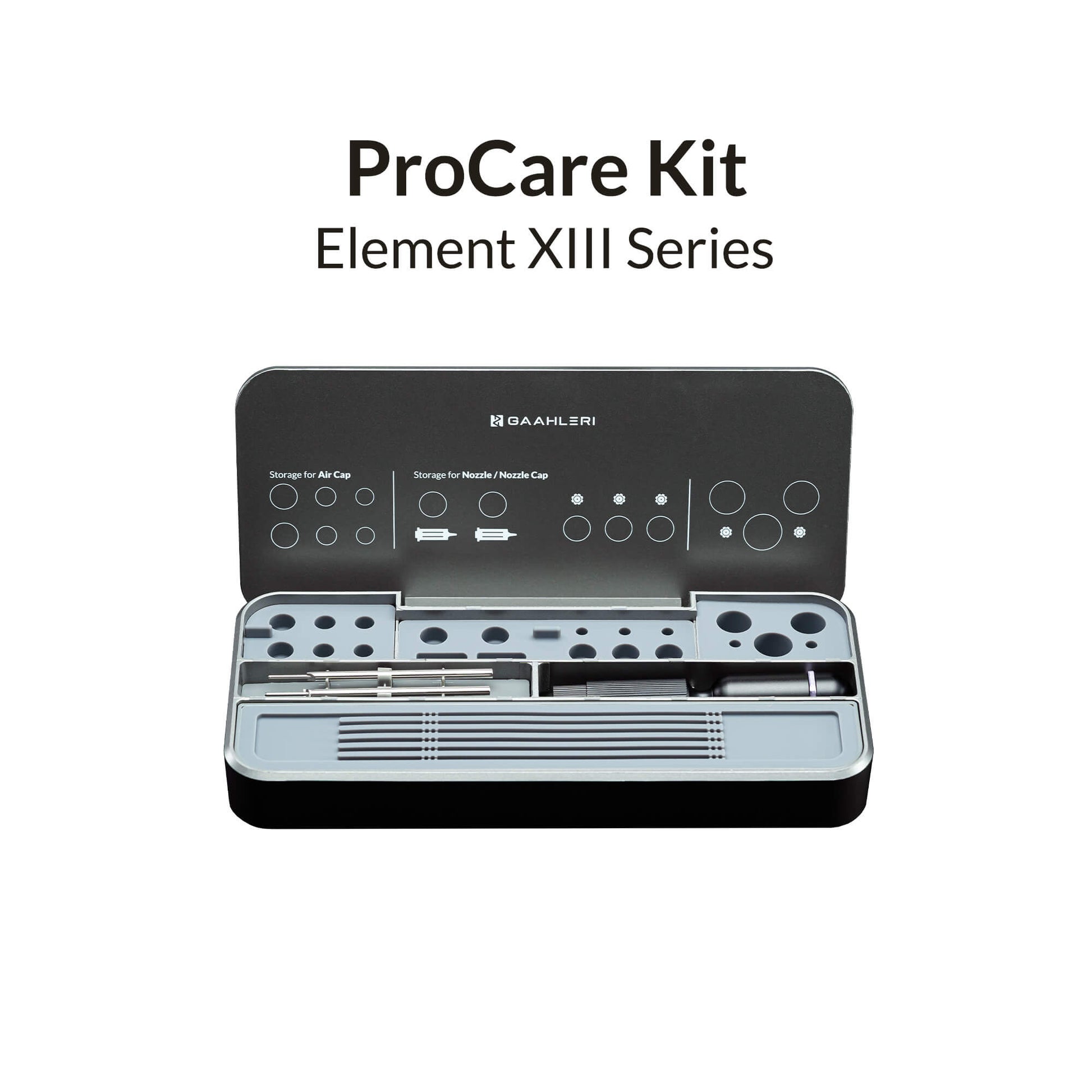 Gaahleri ProCare Kit – sleek CNC-machined metal organizer for airbrush tools, with dual layers, silicone inserts, and accessories for pro storage