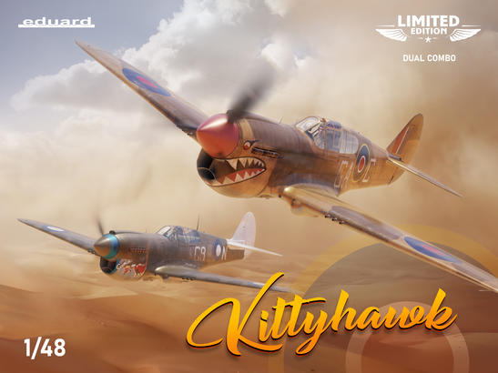 Eduard Kittyhawk Dual Combo 1/48 box art showing P-40E Kittyhawk Mk.Ia and P-40N Kittyhawk Mk.IV side-by-side, with decals, PE-parts and painting mask included