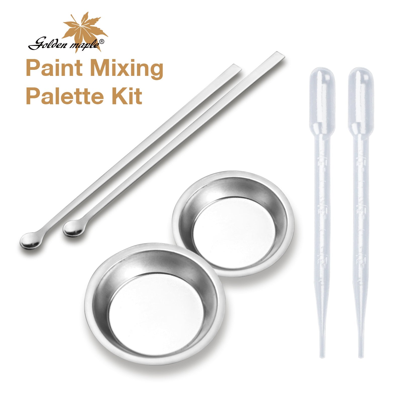 Golden Maple small paint mixing tray set — 2-piece plastic palette with metal stirrers and plastic droppers for model painting, miniatures, and craft paints.