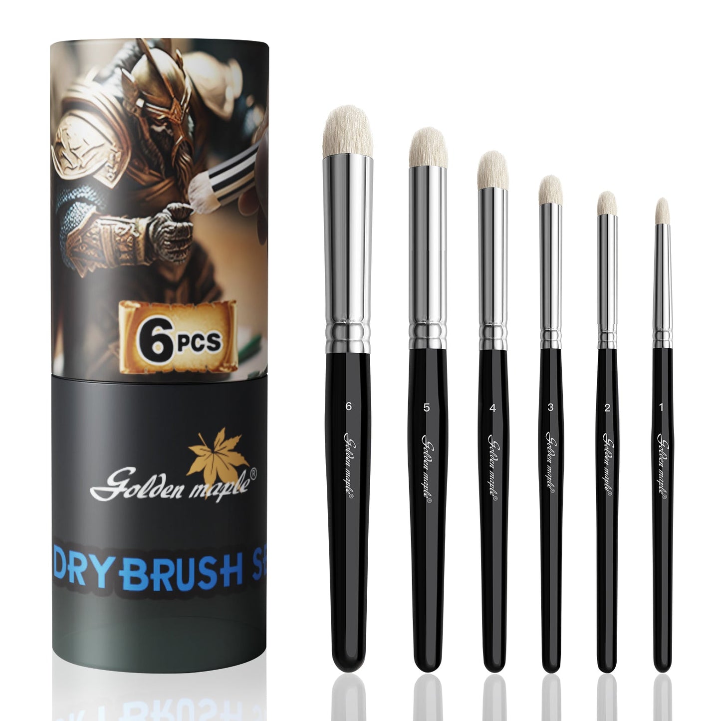 Golden Maple 6-Piece Dry Brushes Miniature Painting Drybrush Set — assorted drybrushes for textured highlights, weathering, and realistic effects on miniatures, models, and terrain.