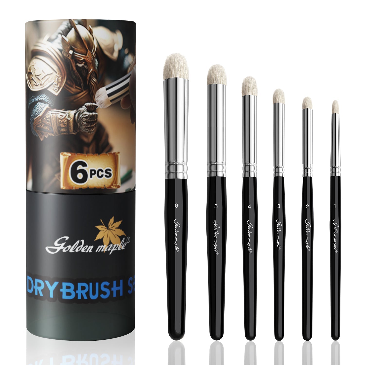 Golden Maple 6-Piece Dry Brushes Miniature Painting Drybrush Set — assorted drybrushes for textured highlights, weathering, and realistic effects on miniatures, models, and terrain.
