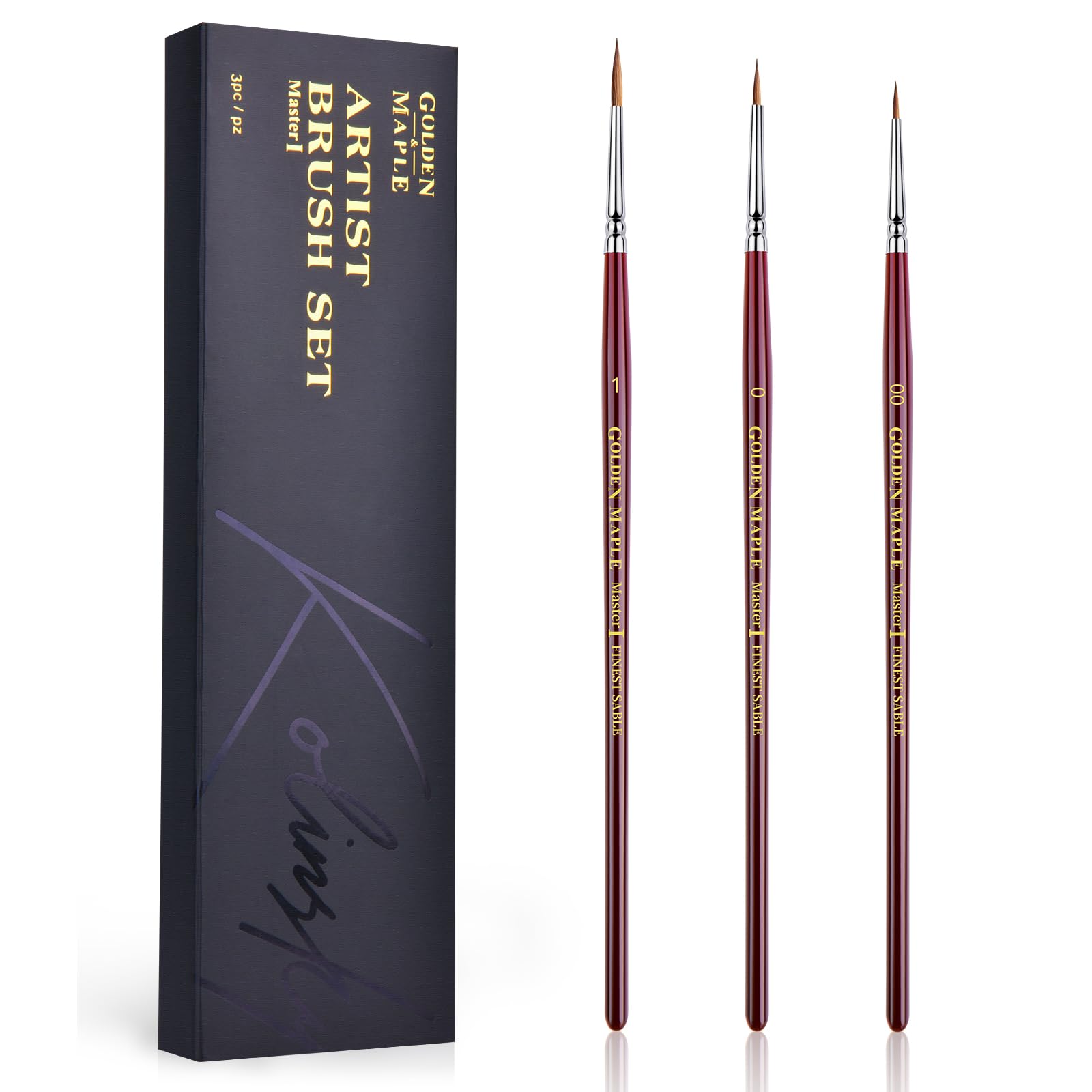 Golden Maple Kolinsky Sable Miniature Paint Brush Set – professional ultra-fine detail brushes for 40K, D&D, and scale modelling in sizes 00, 0, and 1.