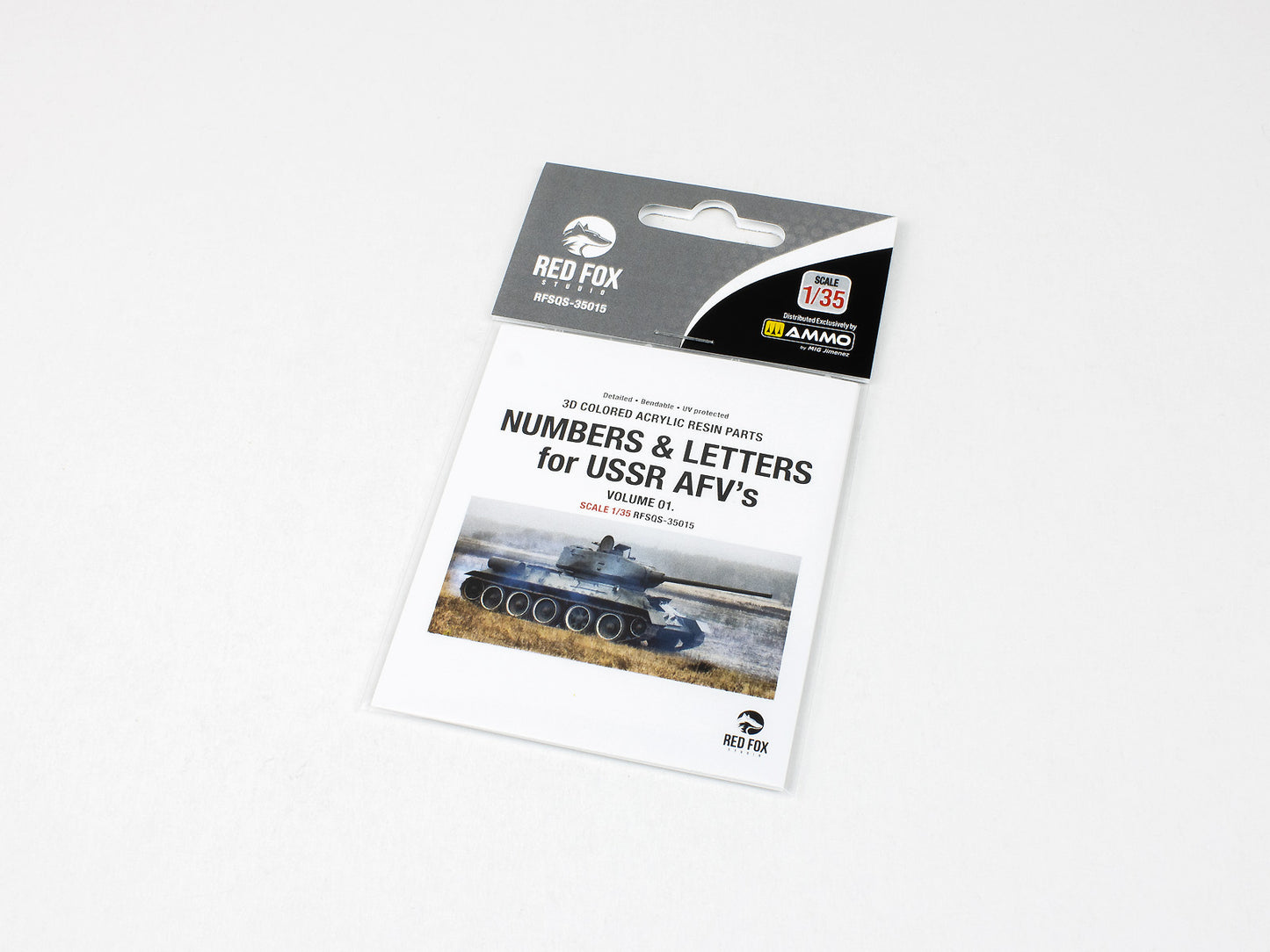 Red Fox Studio RFSQS-35015 1/35 Numbers and Letters for USSR AFV’s Vol. 01 – pre-coloured 3D resin decals for Soviet tank markings and identification numbers.