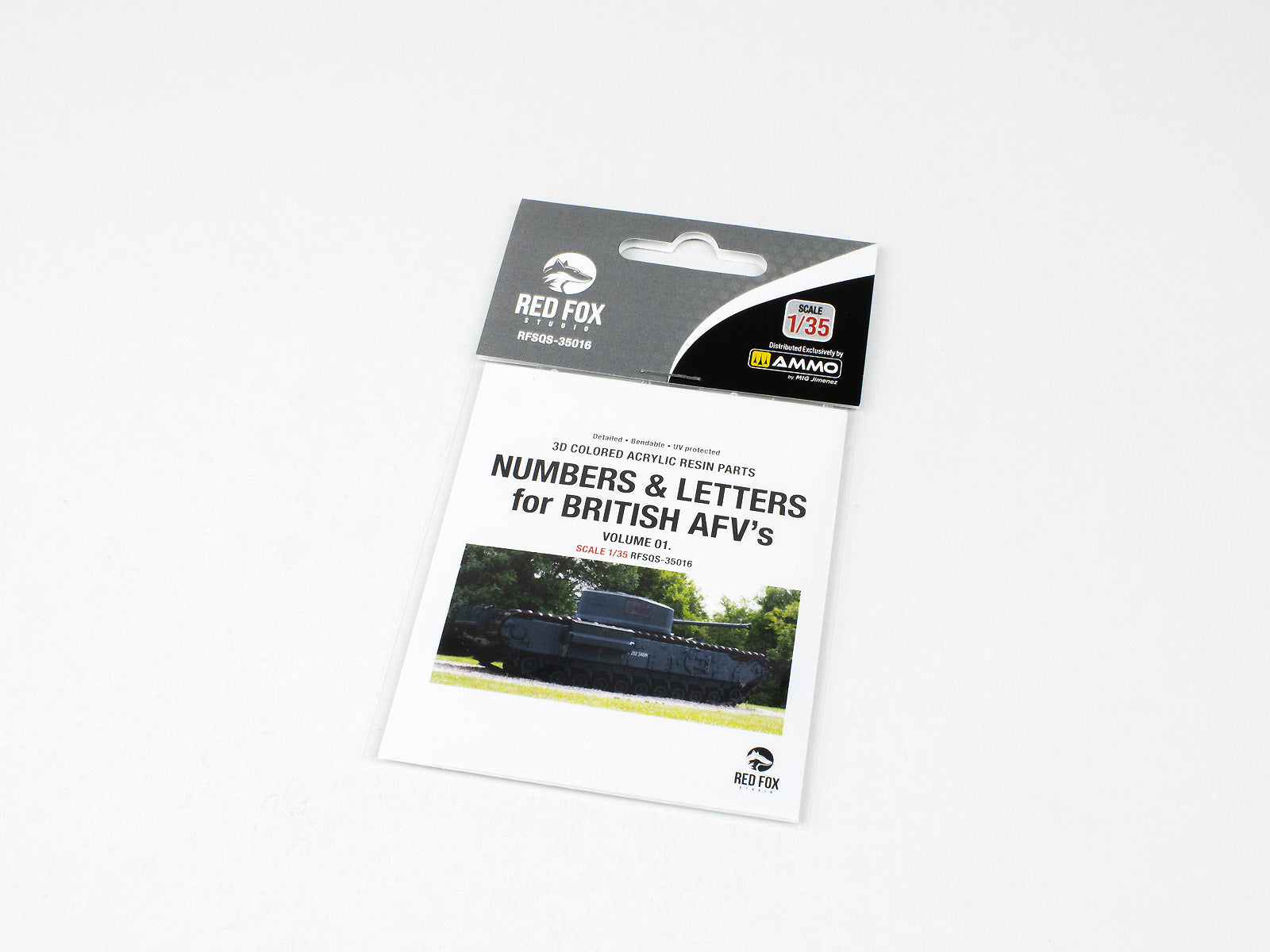 Red Fox Studio RFSQS-35016 1/35 Numbers & Letters for British AFV’s Vol.01 – pre-coloured 3D acrylic resin numerals & letters for British WWII tanks.