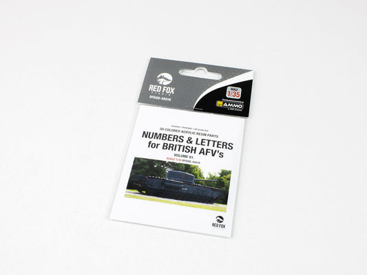 Red Fox Studio RFSQS-35016 1/35 Numbers & Letters for British AFV’s Vol.01 – pre-coloured 3D acrylic resin numerals & letters for British WWII tanks.