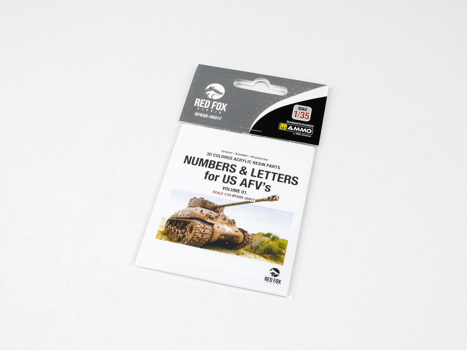 Red Fox Studio RFSQS-35017 1/35 Numbers & Letters for US AFV’s Vol.01 – pre-coloured 3D resin numerals and letters for US WWII armour vehicles.