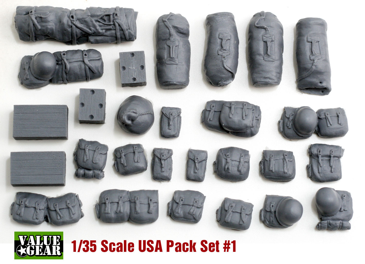 Value Gear US1 U1 USA WWII Packs & Bags resin set – 25 pieces for 1/35 scale WWII American vehicles and dioramas.