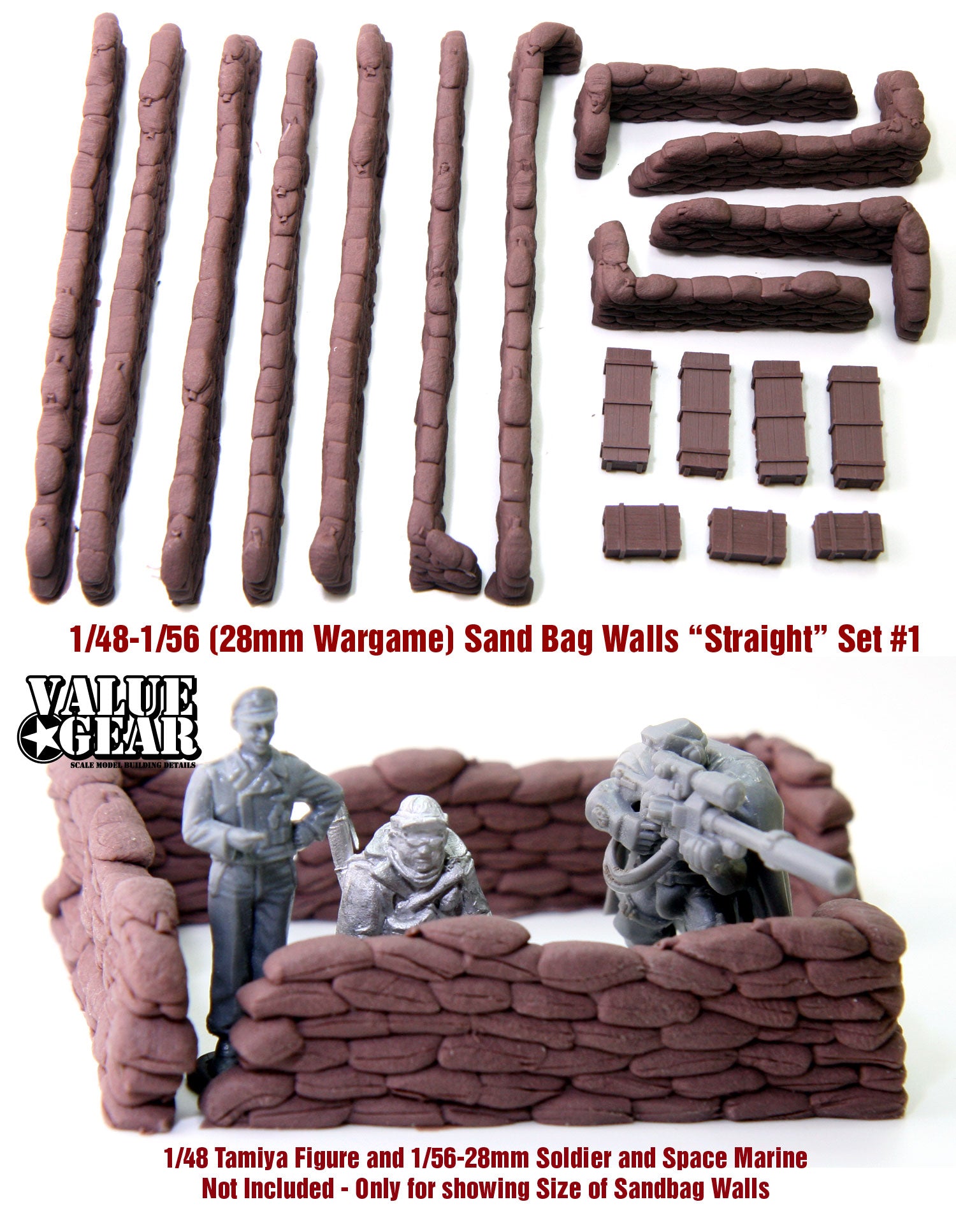 “Value Gear 48SB1 Sandbag Walls Straight Set – resin accessories for 1/48 scale WWII dioramas.”