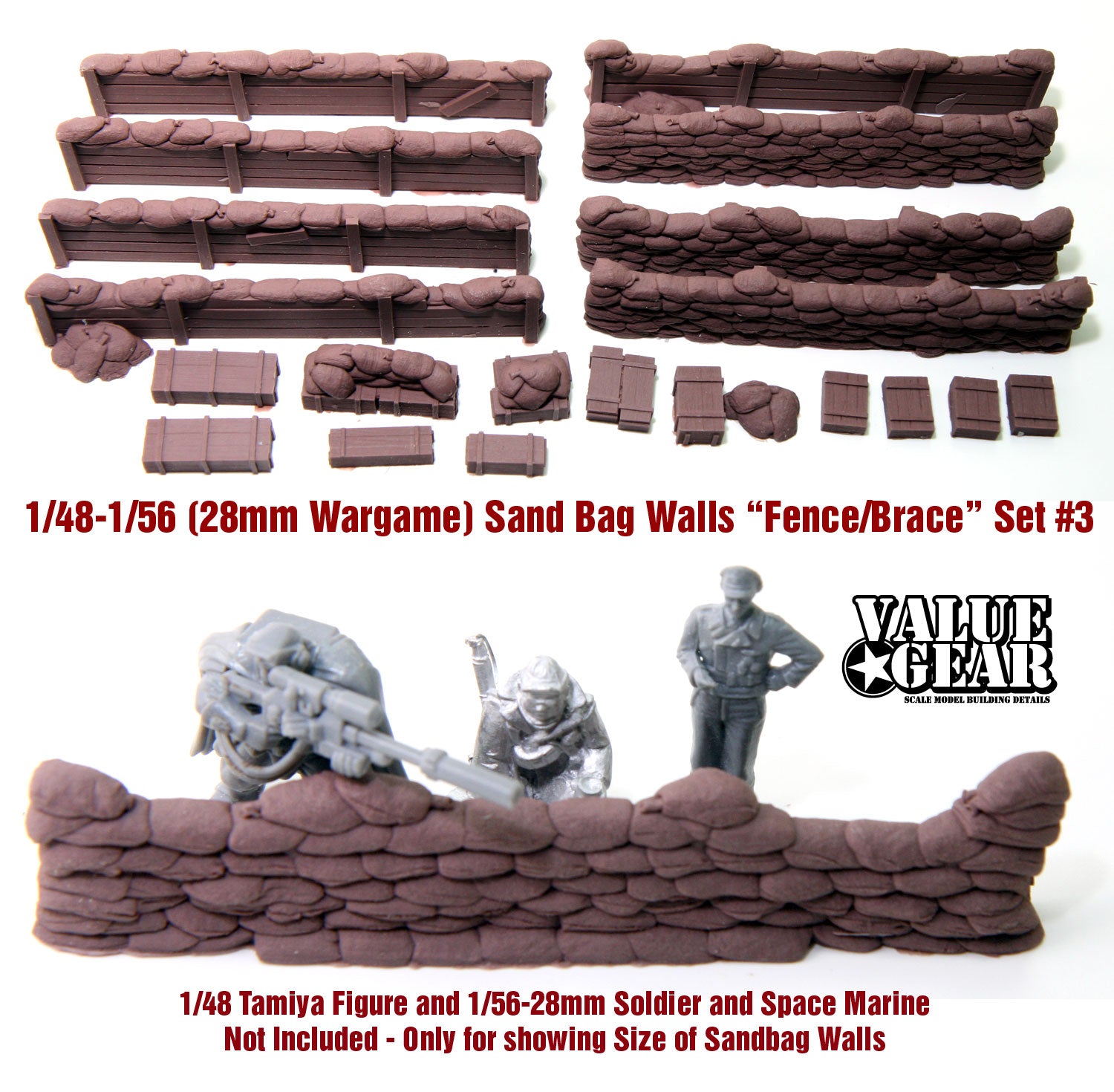 “Value Gear 48SB3 Sandbag Walls Fence/Bracing Set – resin defensive positions for 1/48 scale WWII dioramas.”
