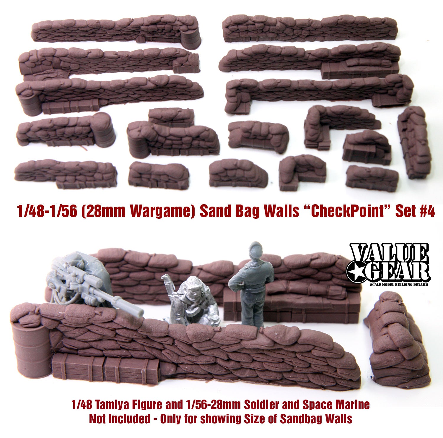 “Value Gear 48SB4 Sandbag Walls Check Point Set – resin accessories for 1/48 scale WWII defensive positions.”