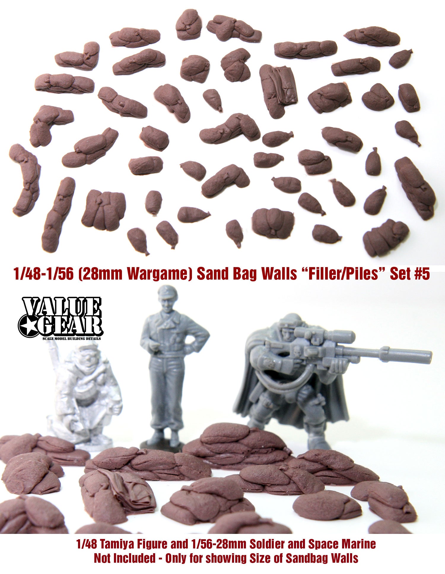 “Value Gear 48SB5 Sandbag Walls Filler & Piles Set – resin sandbag accessories for 1/48 scale WWII dioramas.”