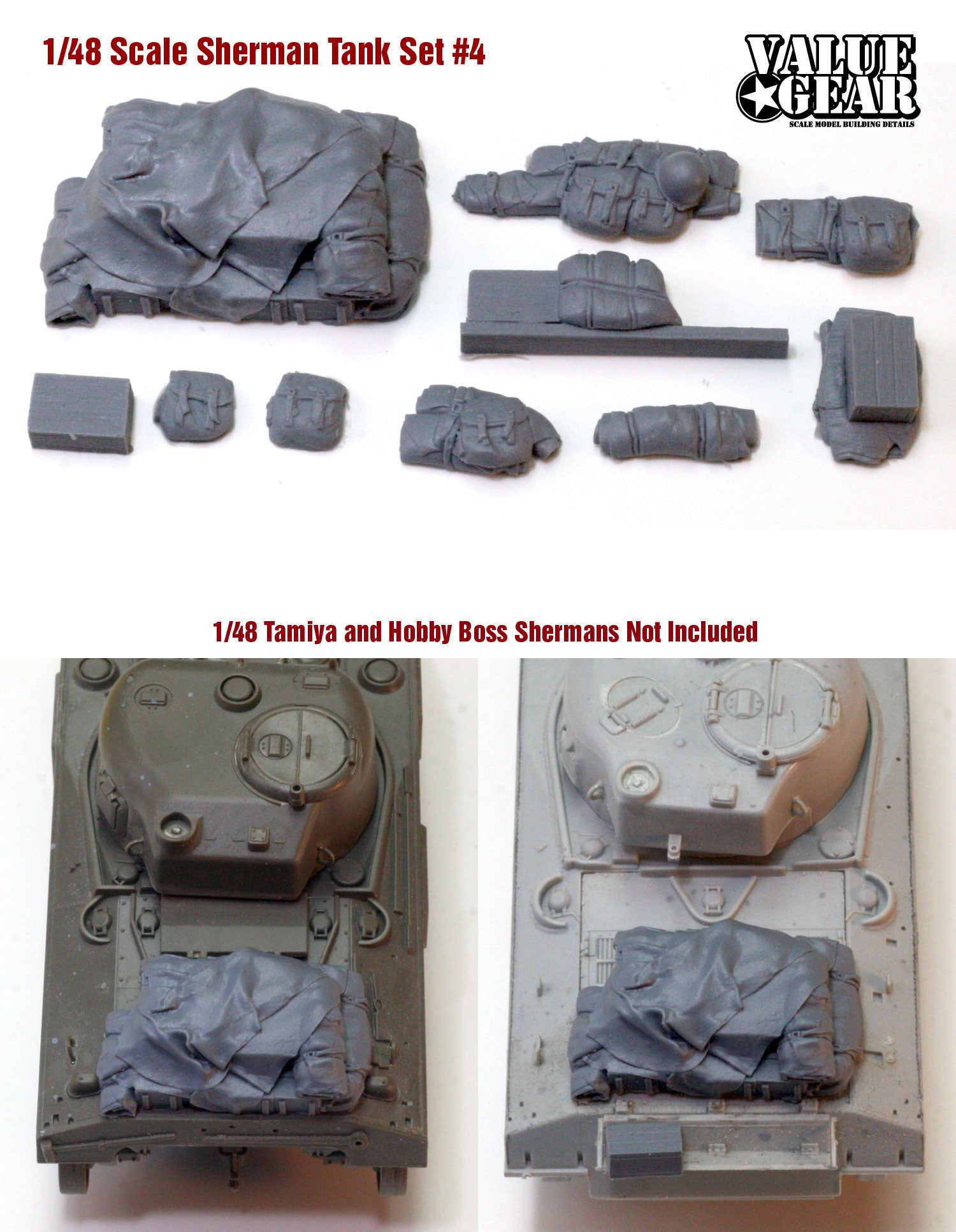 “Value Gear 48SH2 Allied Sherman Tank Set #2 – resin stowage accessories for 1/48 scale Shermans and WWII Allied armor.”
