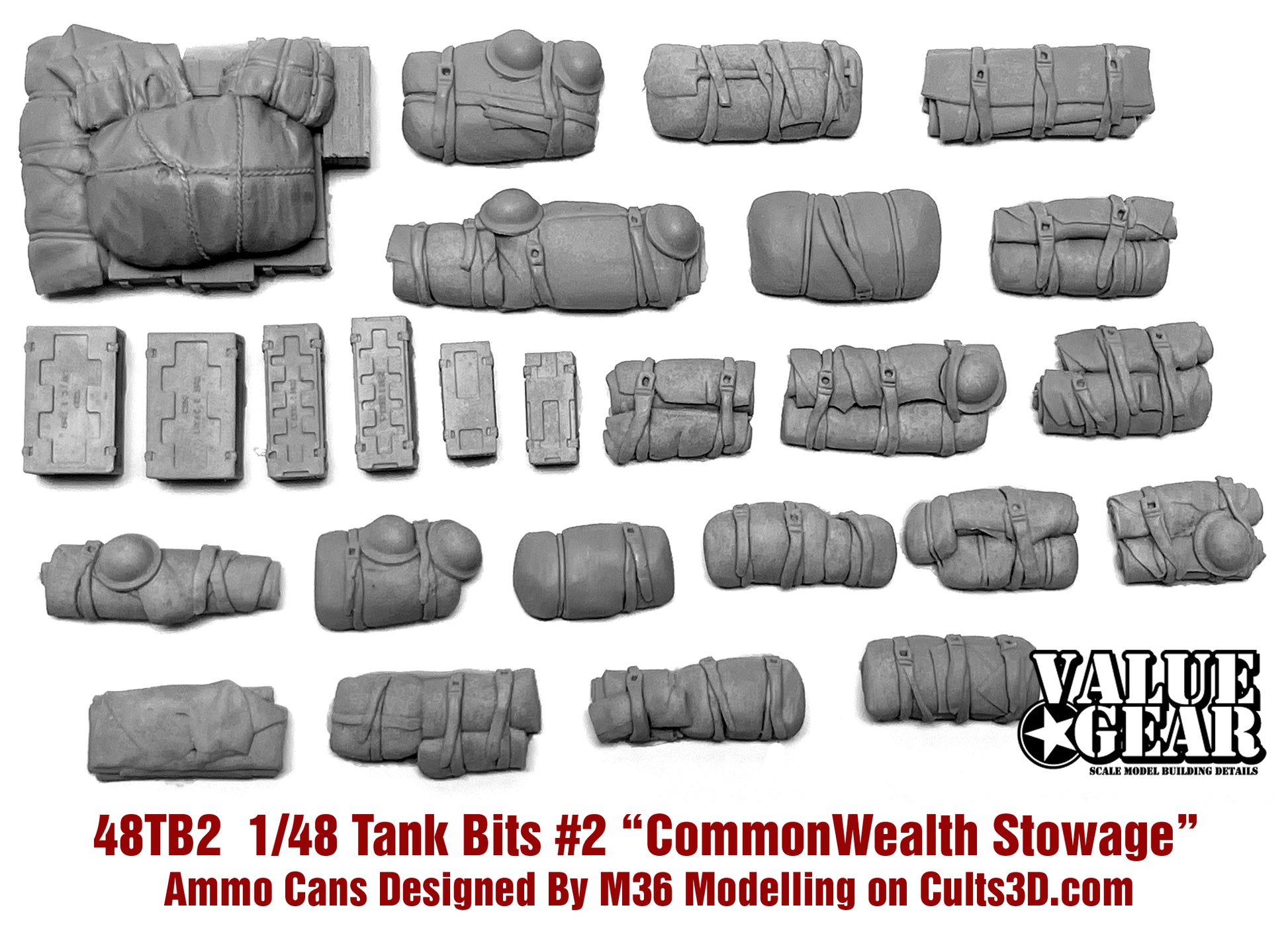 “Value Gear 48TB2 CW (UK) WWII Tank Bits – resin stowage accessories for 1/48 scale British and Commonwealth vehicles.”