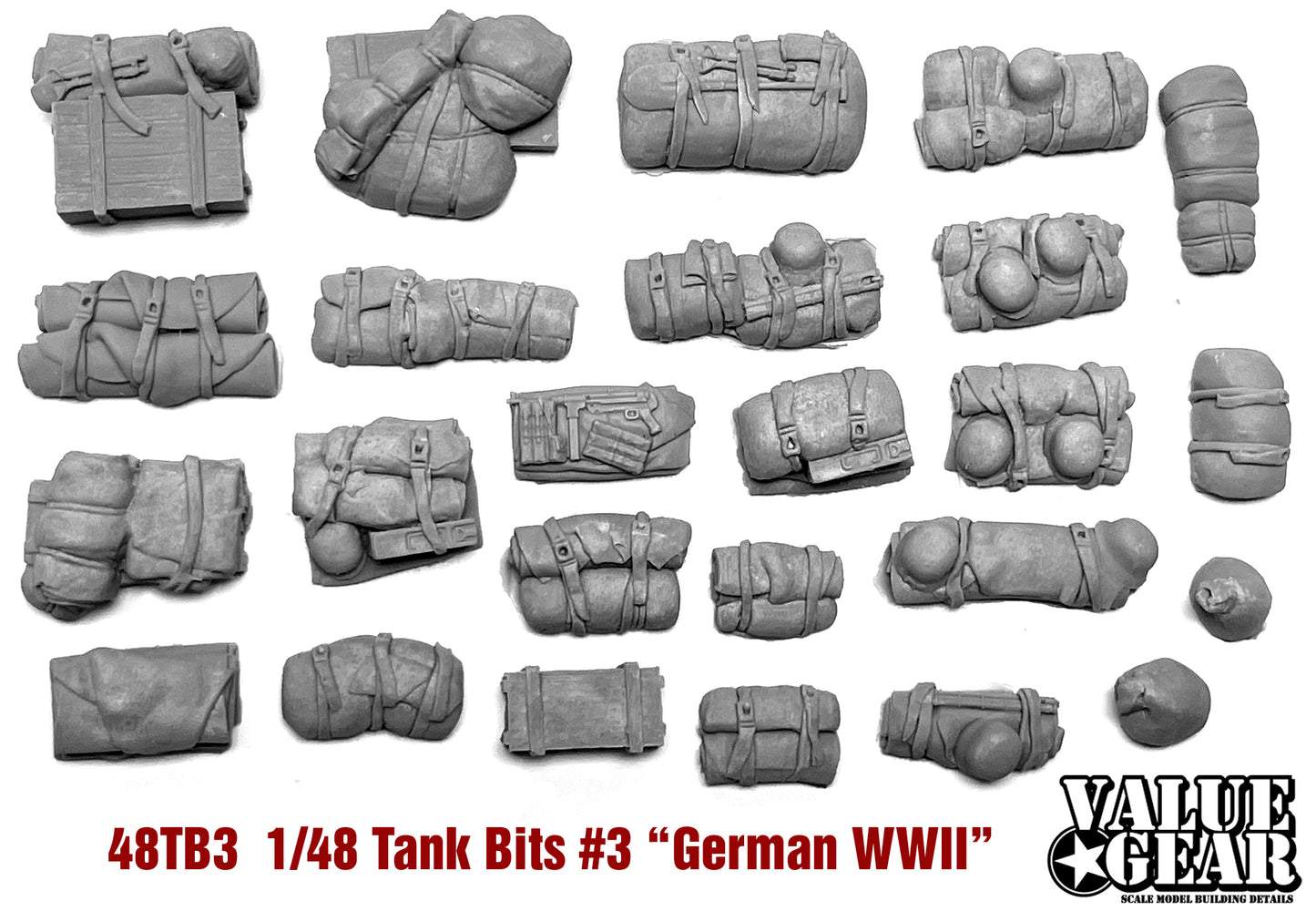 “Value Gear 48TB3 German WWII Tank Bits – resin stowage accessories for 1/48 scale German vehicles and dioramas.”