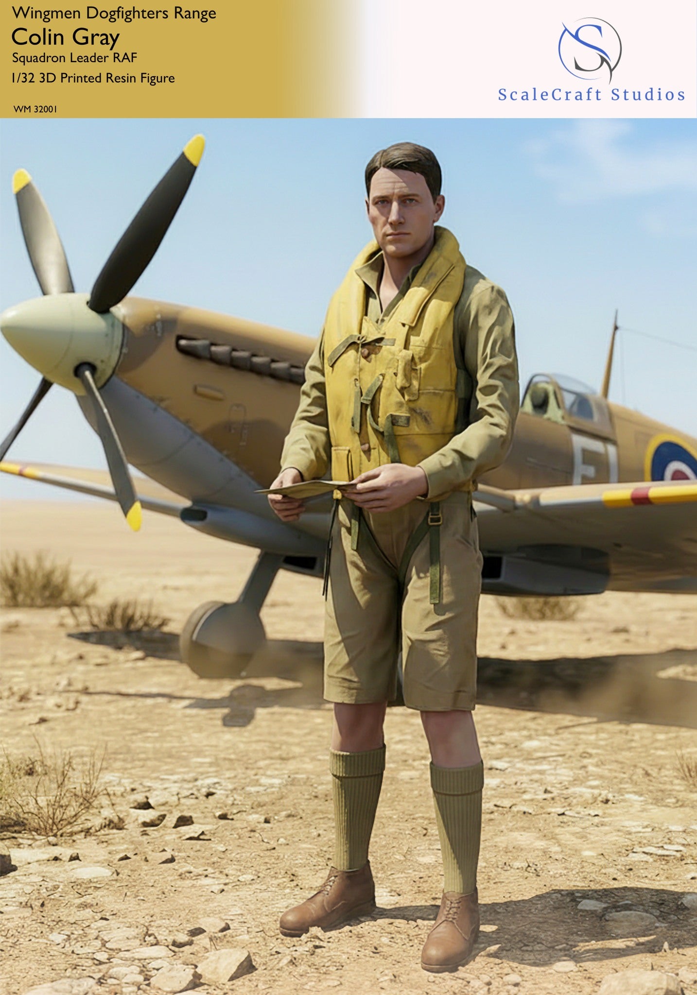 1/32 scale resin figure of RAF fighter pilot Colin Gray in Tunisia wearing desert flying uniform and Mae West, standing beside RAF aircraft