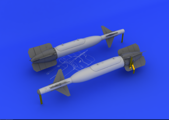 Eduard 1/48 GBU-24 Brassin set with two resin Paveway III bombs, clear seeker heads, photo-etch fins, and detailed decals.