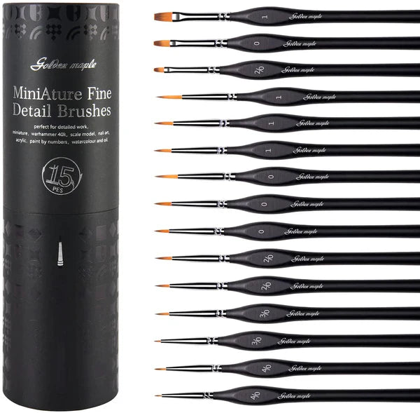 15-piece miniature micro-detail paint brush set — assorted fine-detail and versatile brushes for acrylic, oil, or watercolor miniature painting and scale-model work.
