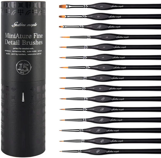 15-piece miniature micro-detail paint brush set — assorted fine-detail and versatile brushes for acrylic, oil, or watercolor miniature painting and scale-model work.