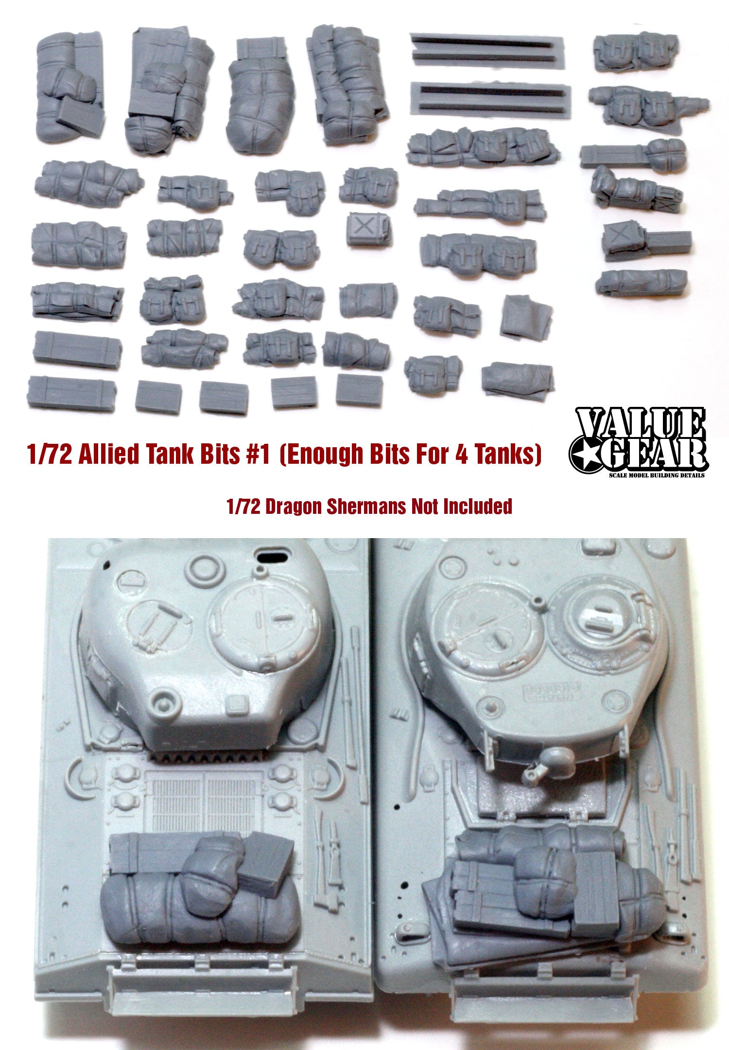 “Value Gear 72SH1 Allied Tank Bits Set #1 – 40 resin accessories for 1/72 scale WWII Allied tanks and dioramas.