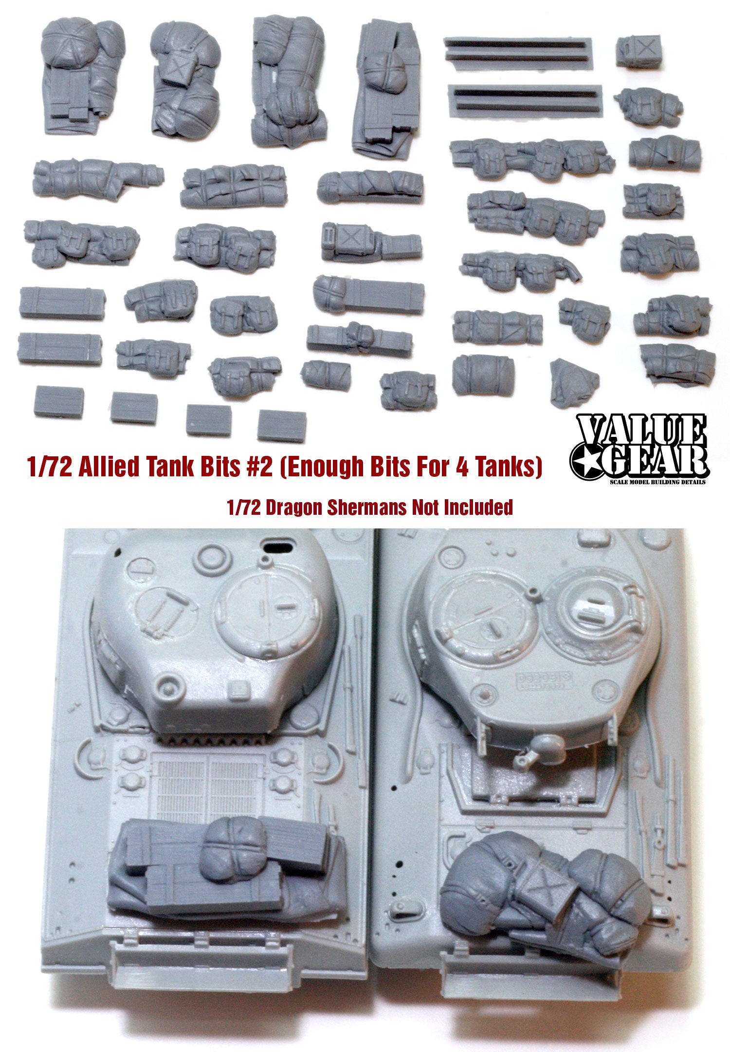 “Value Gear 72SH2 Allied Tank Bits Set #2 – 40 resin accessories for 1/72 scale WWII Allied tanks and dioramas.”