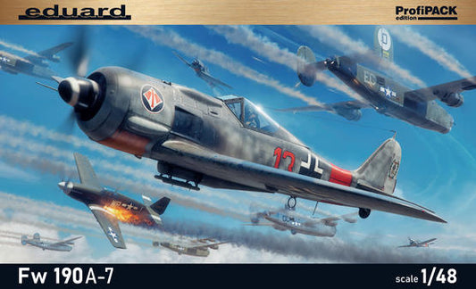 Eduard 1/48 Fw 190A-7 ProfiPACK model kit with photo-etched parts, canopy masks, and detailed WWII German fighter aircraft components.