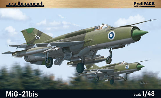 Eduard MiG-21bis 1/48 ProfiPACK plastic model kit box art showing a Cold War Soviet jet fighter.