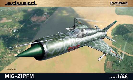 Eduard MiG-21PFM 1/48 ProfiPACK plastic model kit box art showing a Soviet Cold War jet fighter aircraft.
