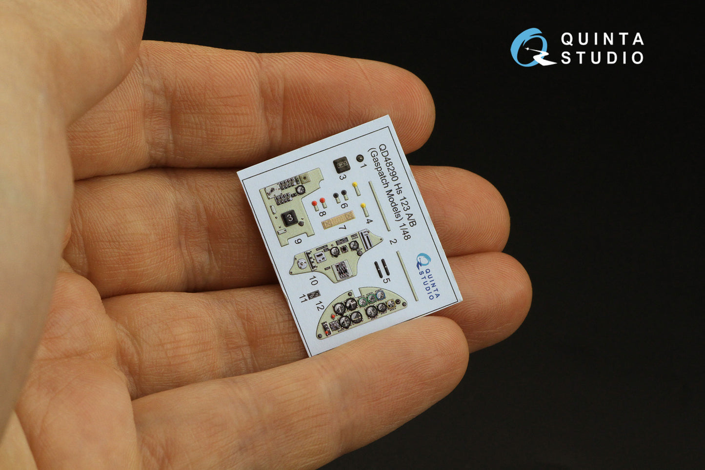 Quinta Studio 1/48 HS 123 A/B Interior Decal Set, picture showing the product held in a hand.