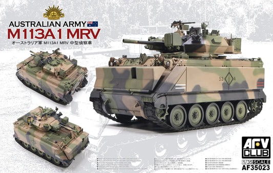 "AFV Club 1/35 Australian M113A1 MRV model kit (AF35023), featuring box art with a camouflaged armored vehicle."