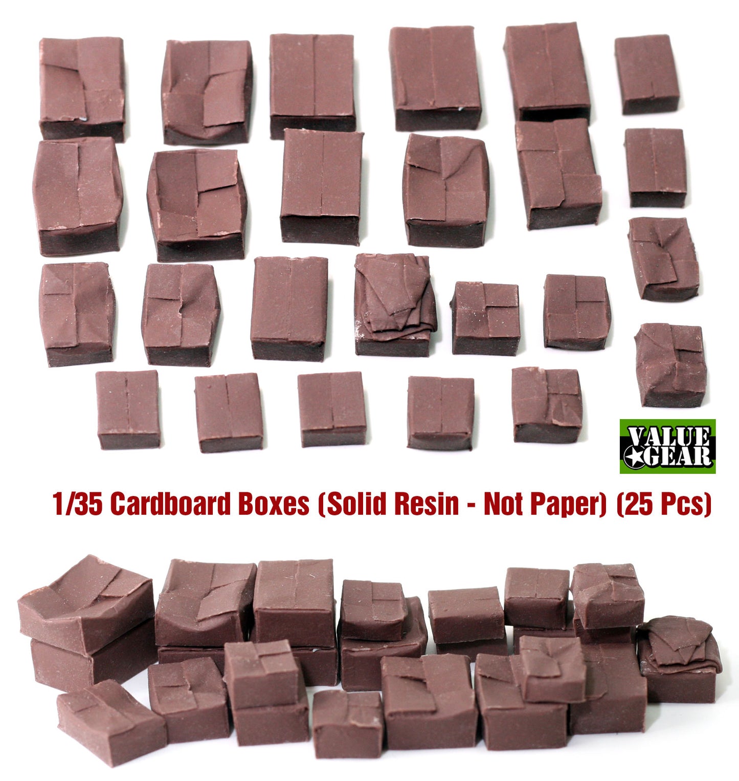 Value Gear CB1 Cardboard Boxes resin accessory set – 25 pieces for 1/35 scale military dioramas and vehicles.