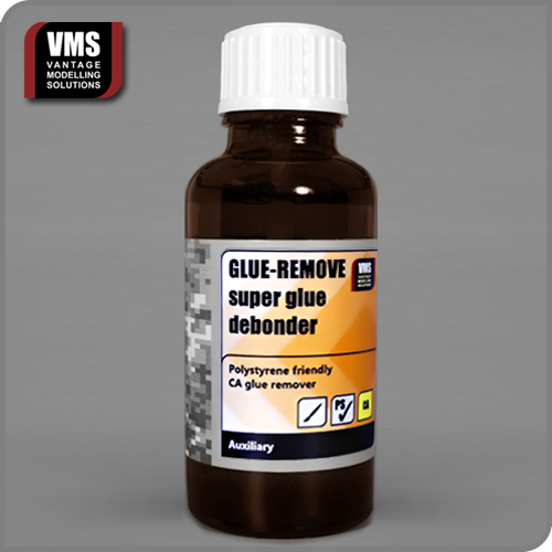 VMS Glue-Remove CA Debonder 30 ml bottle with built-in brush applicator for removing super-glue residue from plastic scale models