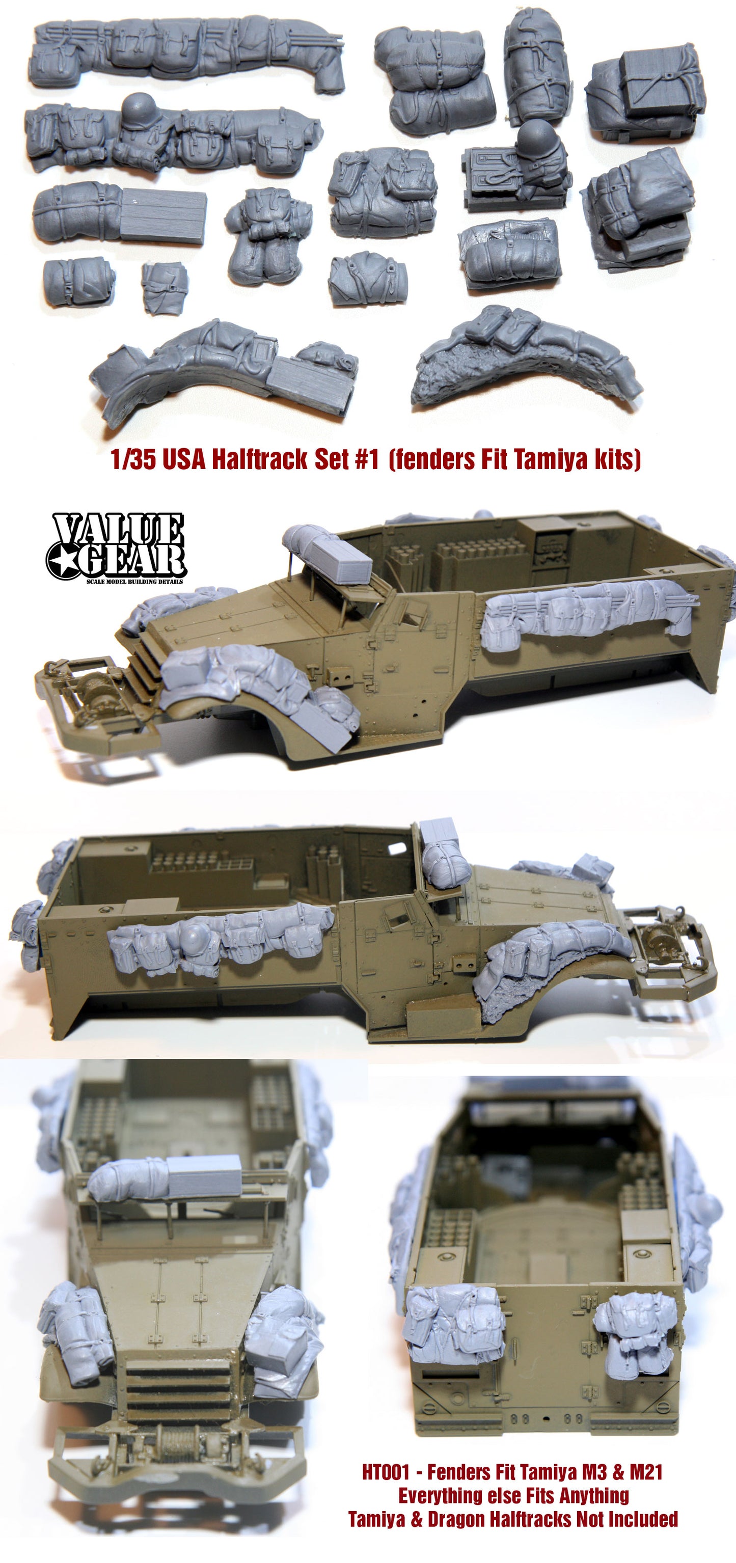 “Value Gear HT001 USA Halftrack Set #1 – resin stowage for 1/35 scale Tamiya M3 and M21 Halftracks.”