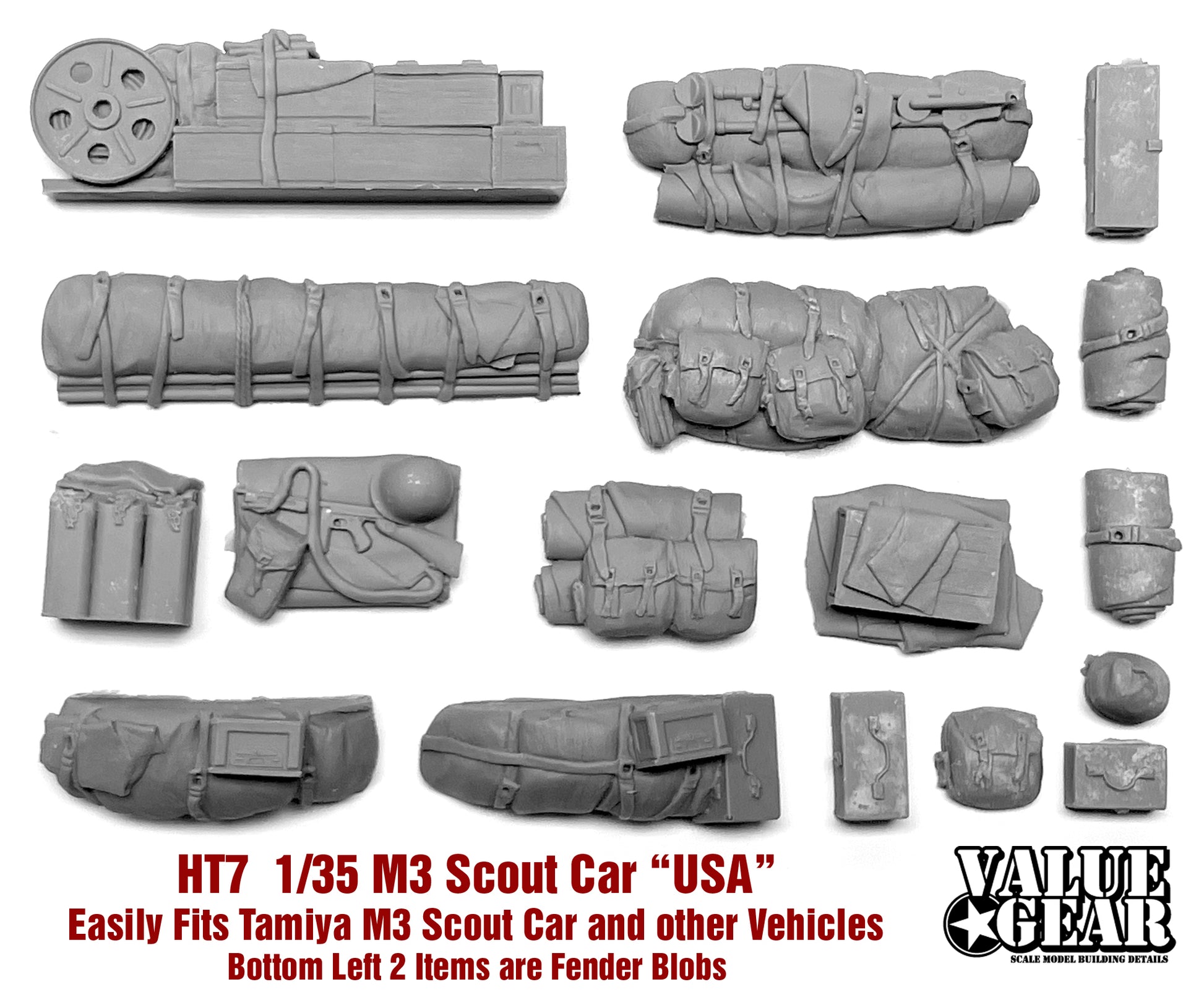 “Value Gear HT007 USA M3 Scout Car resin set – stowage for 1/35 scale Tamiya US Scout Car.”